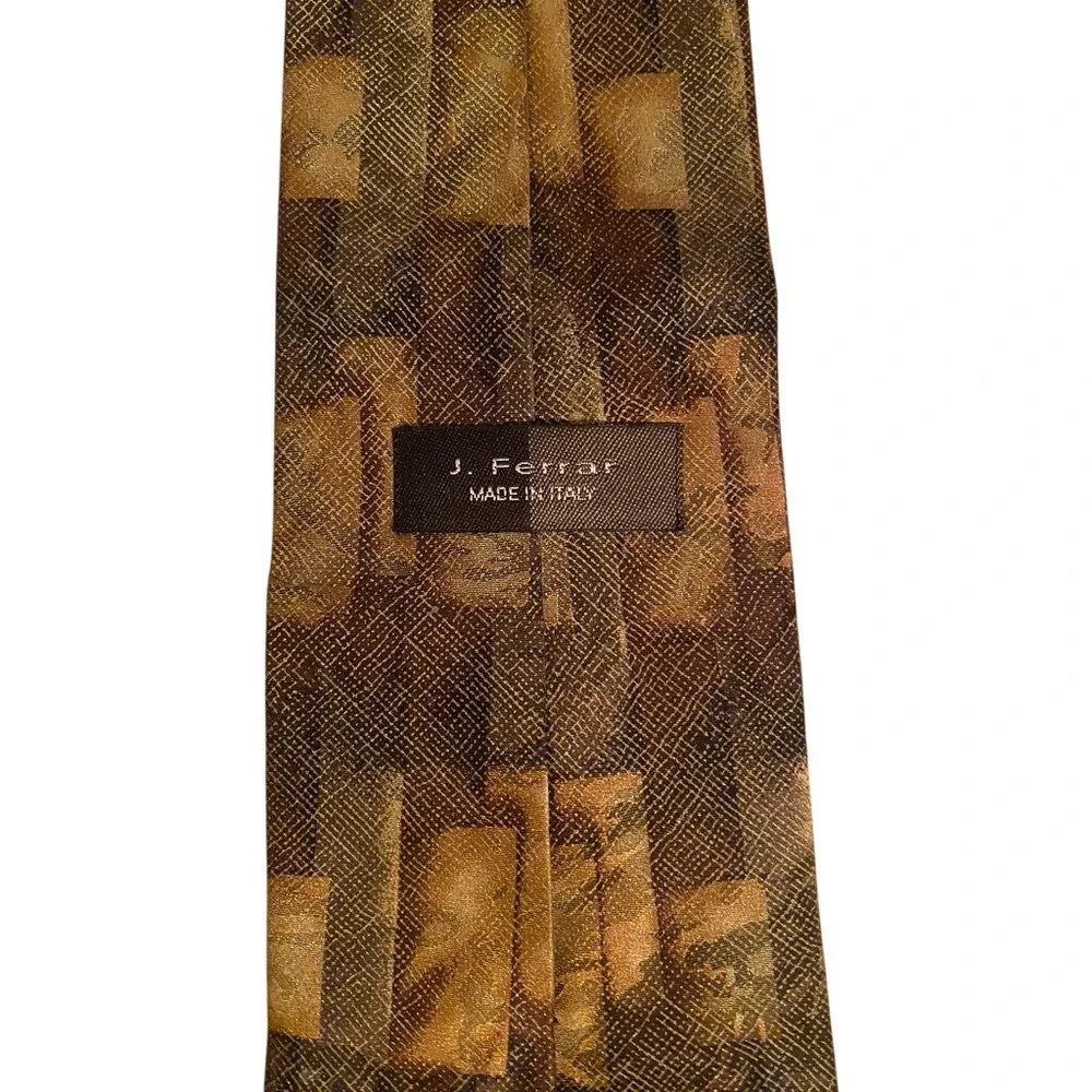 J. Ferrar Mens Silk Tie Brown Green Gold Geometric Made in Italy 4 Inch Width